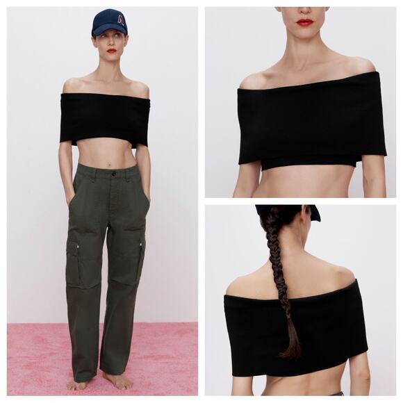 ZARA Ribbed Foldover Crop Top Size S in Black - Picture 1 of 10